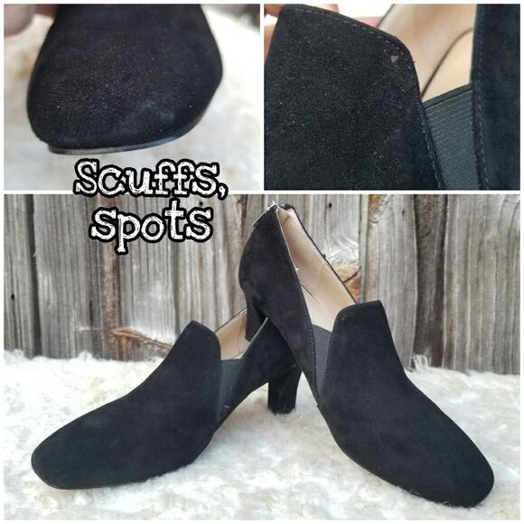 Square Toe Pumps Adrienne Vittadini Lave Size 8.5 Black Suede Leather Pilgrim - Picture 10 of 15